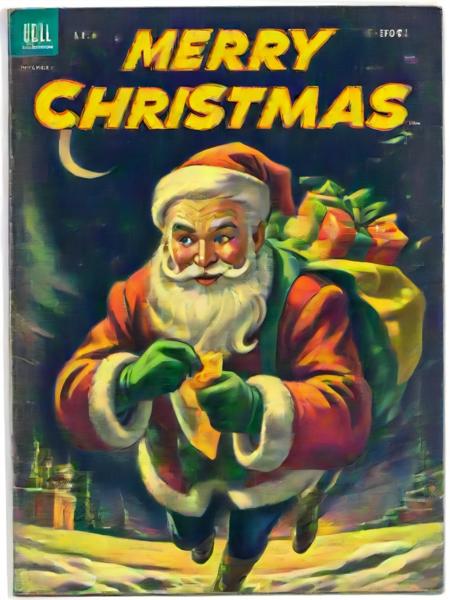 <lora:Wiz-VintageComicBookCover_v01:1.5>, (Vintage comic book cover  illustration of Santa with gifts bag), (title says "MERRY CHRISTMAS!" text logo:1.4) <lora:Harrlogos_v2.0:1>,  cosy living place with  christmas decor