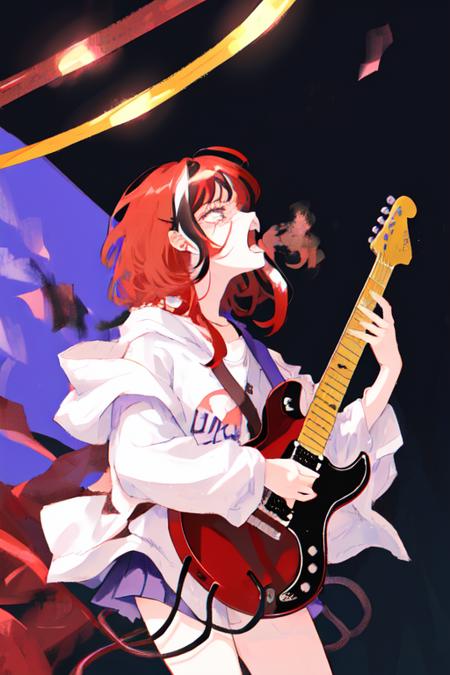 <lora:anko:1>, anko, 1girl, purple_pupils, red_hair, black_streaked_hair, playing guitar, yelling, tearing