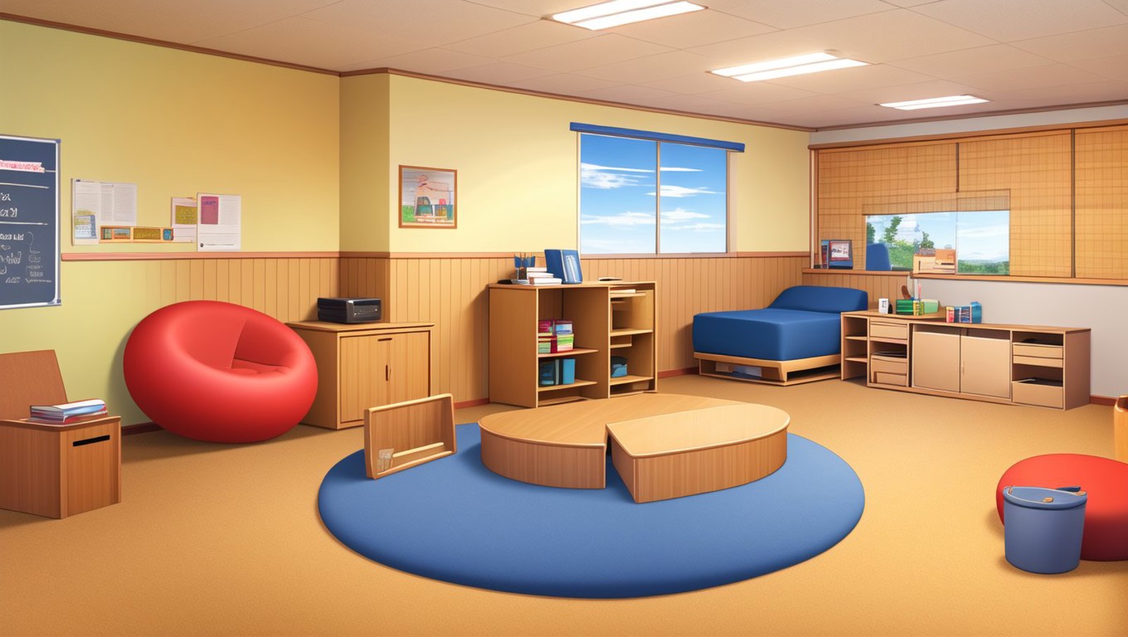 <lora:vn_bg:1> vn_bg, no humans, A small, cozy school counselor s office, filled with comforting items like beanbag chair...