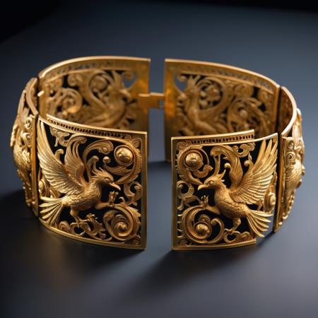 A set of consecutive different angles of the same gold bracelet with carved phoenix,medieval style,