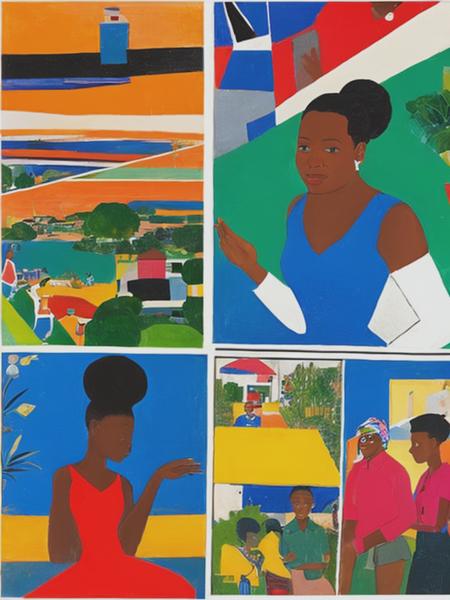 <lyco:RomareBearden:1.0> My girl suggests I see a shrink To help me cope and stop the brink, romare bearden, comic strips, top down shot