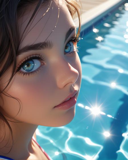 Extreme Close-up selfie from above. 1Girl. Looking up at the camera. Detailed eyes framed by long, perfect eyelashes. Her eyebrows are perfectly arched and delicate, adding grace to her gaze. Eyeliner. Light make-up. Detailed face. Soft features. In a luxurious pool. Wearing a one-piece bathing suit. Crisp blue water. Cleavage. Surfer Girl Hair Style. Beautiful sunny day. Photorealistic, Natural atmospheric lighting, intricate details, 35mm photograph, film, professional, 4k visuals, highly detailed, elegant, studio quality.