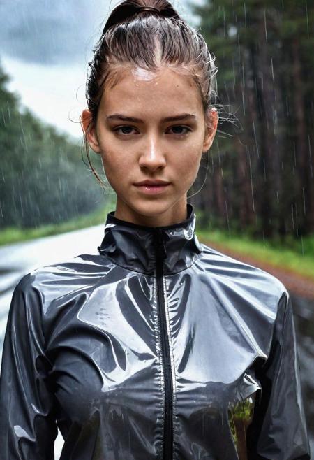 Fashion, professional, asphalt, forest, clouds, rain, close-up, jp-Elle-2325, wetshirt, reflections, looking at viewer, eye contact, shadows, 21-year-old, ponytail, dark hair, mysterious, smirk