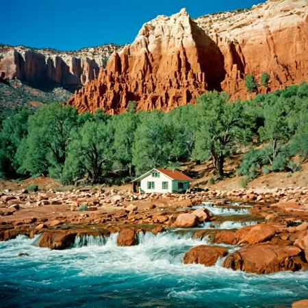 UHD, 4k, ultra detailed, cinematic, a photograph of  <lora:kodachrome xl v1:0.9>
In 1950's a cinematic Kodachrome Technicolor motion picture of a red rock formation with a small house in the foreground, perfect image, perfect body, perfect anatomy, sharp image, detailed image, Kodak film style, high quality photography, Kodachrome style, Technicolor style, 1950's style, Technicolor Monopack style, 16mm, 8mm, Super 8 movie, 35mm movie style, film color style, cinematic photography style, analog photography style, cinematic film color style, deep color style, different character, different background, different picture, Eastman Kodak style, K-14 process style, Color slide style, film skin tone style, different color, outdoors, sky, day, blue sky, tree, no humans, grass, scenery, nature, forest, rock, mountain, waterfall, landscape, cliff, water, full shot, epic, beautiful lighting, inpsiring
