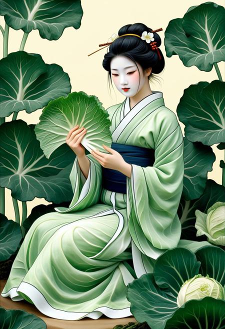 masterpiece, best quality, newest, absurdres, highres, hyper detail, 8k resolution, realistic, life like, detailed, extreme detail. vegetablecabbage!!, lazypos
BREAK
Imagine a serene geisha, her face a mask of porcelain beauty, tending to a meticulously manicured Zen garden. small green vegetable cabbages fall gently around her, creating a scene of tranquil elegance. Rendered in a classical Japanese style, with a focus on capturing the delicate details of her kimono and the serene atmosphere of the garden, inspired by the works of Alphonse Mucha and the ukiyo-e prints of Hokusai. A true masterpiece of traditional artistry and grace.
BREAK
(Her gown is made of multiple green cabbage leaves:1.4) and large bright eyes. In the background a field of cabbages,
 SDXL_POS, flux-style, aidmamj6.1,rp_slgd, cjdl