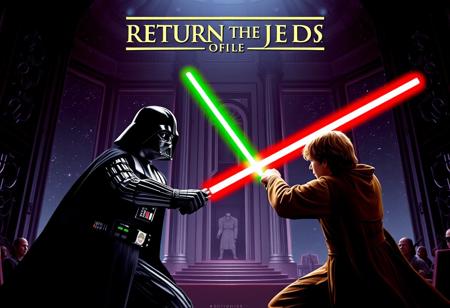 A high-resolution movie poster capturing the climactic battle between Vader and Luke at the end of 'Return of the Jedi.' The scene is depicted with cinematic intensity, showing the two characters locked in a fierce lightsaber duel. Vader, towering and menacing, is bathed in the dark red glow of his lightsaber, while Luke, determined and resolute, wields his green lightsaber with strength and purpose. The background reveals the Emperor's Throne Room, with the distant stars of space visible through the massive windows. The title 'Return of the Jedi' is prominently displayed at the top, in a classic Star Wars font, emphasizing the epic nature of the confrontation. The overall composition captures the essence of this iconic moment, blending action, emotion, and the timeless struggle between good and evil.