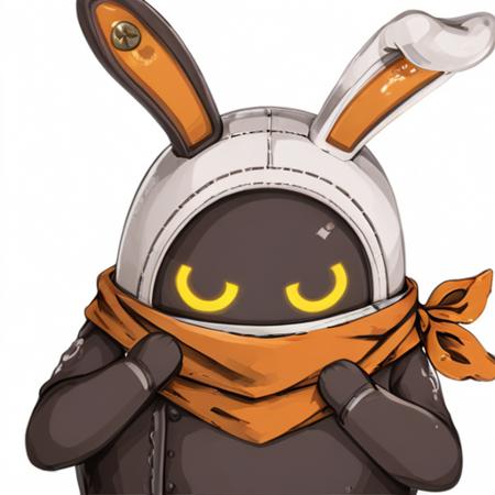 Eous, 1other, scarf, no humans, animal ears, rabbit ears, white background, orange scarf, solo, looking at viewer, simple background, yellow eyes, fake animal ears, glowing, upper body