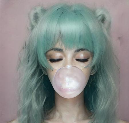 1girl, solo, bubble blowing, bangs, chewing gum, one eye closed, round eyewear, looking at viewer, sunglasses, blunt bangs, pink-tinted eyewear, pink eyes, long hair, blue hair, portrait, tinted eyewear, eyelashes, jewelry, facial mark, earrings, glasses<lora:makebubble-000008:1>