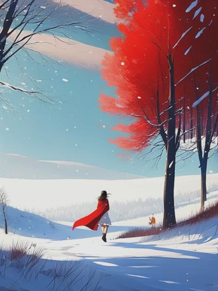 <lyco:PascalCampion:1.0> a girl goes to meet fate in a red cloak and a white dress walks along a snow-covered valley through the trees in the snow on a sunny day up the path from Pascal Campion