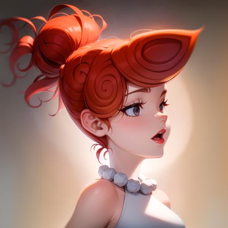 ((masterpiece, best quality)),(complex lighting) ,upper body, solo, Wilma flintstone, red hair, ponytail, <lora:Wilma_Flintstone1-0608:0.6>,white dress, pearl necklace, lipstick, gradient background,