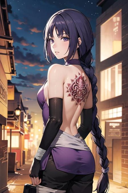 (best quality), (highly detailed), masterpiece, (official art),sumire kakei, single braid, bandages, bandaged arm, ninja, from side,dynamic pose, backless outfit, back tattoo, elbow gloves, fingerless gloves,straight hair, backlighting ,looking at viewer, city, night, sky, cowboy shot, (intricately detailed, hyperdetailed), blurry background,depth of field, best quality, masterpiece, intricate details, tonemapping, sharp focus, hyper detailed, trending on Artstation,1 girl, high res, official art