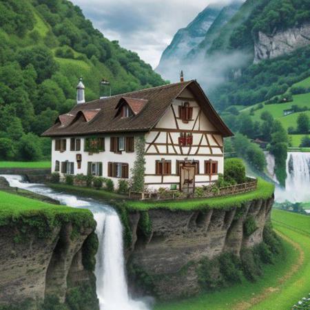farm with hen and house in the country of Switzerland with waterfall background