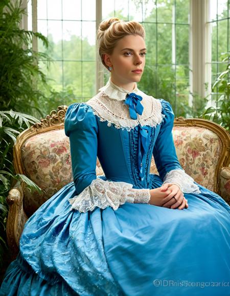 <lora:sc4rj0_SDXL_SGX:1.1>,(medium view) vintage rococo painting portrait of (beautiful 24 year old) (sc4rj0:1.2) woman with blond hair,as a (young contessa:1.1),wearing an exquisite (blue 1850's Victorian dress with lace collar and overskirt:1.3),in a (Victorian conservatory:1.2),sitting on an ornately Edwardian sofa,replica statues nearby,With fresh flower arrangements and plants surround,with sun beams streaking in,face focus,sharp focus,depth of field,facing viewer,rich details,clear shadows and highlights,realistic,highly detailed,