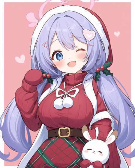 breathtaking,hanae \(blue archive\),1girl, solo, breasts, looking at viewer, blush, smile, open mouth, hair ornament, long sleeves, dress, bow, holding, twintails, heart, one eye closed, hairclip, fang, belt, hood, arm up, sweater, official alternate costume, plaid, fur trim, turtleneck, low twintails, halo, plaid skirt, pink background, ;d, christmas, white border, outline, heart hair ornament, sack, white outline, antlers, red sweater, reindeer antlers, holding sack, fake antlers, red mittens
<lora:Hanae_image96_v1:1>. . gorgeous,key visual, vibrant, studio anime,award-winning, professional, highly detailed,high budget, cinemascope