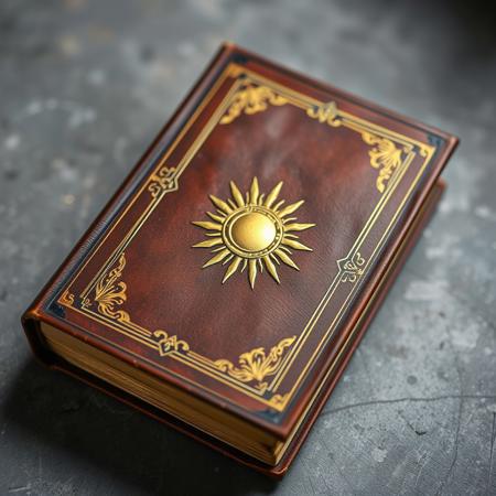 Brown medieval book with gold, grey background, cover, sun emblem, laying on a table
