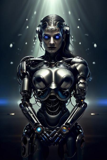 cinematic film still silverpulse, cyborg Vampire, simple background, high quality, artistic, vibrant colors, detailed textures. futuristic sleek/glossy silver and blue glow, vibrant colors, detailed textures., Concept art, cyborg, background, vintage, modern, SilverPulse, <lora:SilverPulseMorphXL:0.8>, excellent composition, artistic, highly detail, holy, sunny, dynamic dramatic beautiful full taking . shallow depth of field, vignette, highly detailed, high budget, bokeh, cinemascope, moody, epic, gorgeous, powerful,