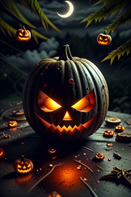 Close up of an evilHalloween pumpkin on a wooden wet table in a dark rainy and misty forest at night. The trees are black. The full moon appears behind the dark clouds behind the trees and the blue moonlight blends in with the misty atmosphere. 8k render ensuring crisp and clear details with realistic shadows, reflections and vivid and vibrant colors. <lora:aidmaHyperrealism:0.5> aidmaHyperrealism, extremely high-resolution details, photographic, realism pushed to extreme, fine texture, incredibly lifelike, <lora:ImageUpgraderV2:0.5> detailmaximizer, easynegative, c4d, blender, raytracing, unreal engine 5, render 3d, OverallDetail