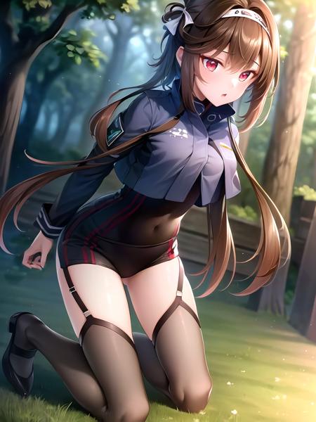 ((masterpiece,best quality)),1girl, solo,solo focus,full body, ultra-detailed ,( beautiful woman ),(idol), extremely detailed CG unity 8k wallpaper,red eyes, brown hair , black thighhighs ,outdoors,forest, tree,on grass, depth of field, natural light,