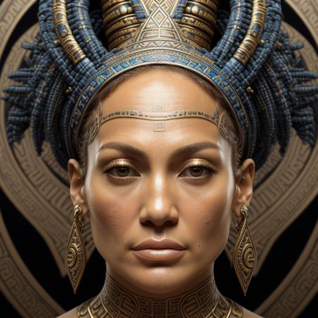 portrait of jennifer lopez, head, tribal, blue and gold, naki <lora:Naki:0.65>