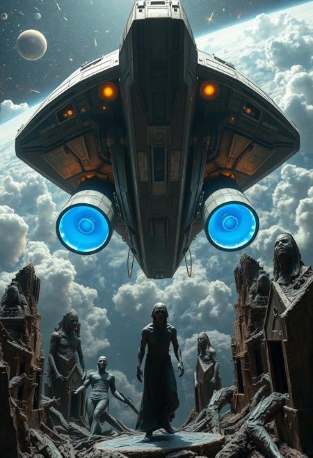 massive starship, glowing black hole, cosmic vortex, blue engine thrusters, interstellar travel, space exploration, futuristic spacecraft, luminous clouds, celestial bodies, dramatic lighting, science fiction, deep space, cosmic wonder, high detail, cinematic style, haunting sculptural installation, elongated grief-stricken figure, rough expressionistic textures, surreal absurd scenario, hyper-realistic satirical twist, aged bronze or weathered wood, deep emotional intensity, existential isolation, strong narrative symbolism, raw materiality, reverence mixed with irony