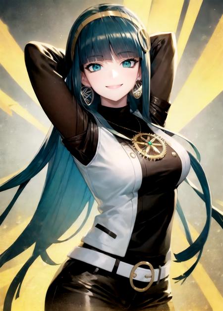 masterpiece, best quality, anime illustration, cover art, poster art, novel illustration, award-winning, hip focus, (cleomain, long sleeves, white sleeveless vest:1.2), 1girl, (smile, arms behind head:1.3), long hair, blunt bangs, bangs, green eyes, (eyeliner), very long hair, green hair, hairband, jewelry, earrings, hoop earrings, breasts, medium breasts, white jacket, sparkling, glistening,  glowing, shine, aura