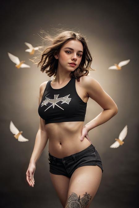 beautiful 18 year old white female, classical features, medium perky breasts, wearing a fierce graphic tee shirt, convey movement, momentum, energy, power, create a symbolic surreal background that indicates flight, power and strength.  <lora:90sflash_v3:.2> 90s flash photo, light leak, analog photo, 90s photo, integrate depth maps and HDR to enhance aberrant tonal range and saturation, use fading in saturation and multiplication visuals for energy progression and gradient contrasts for spatial depth.