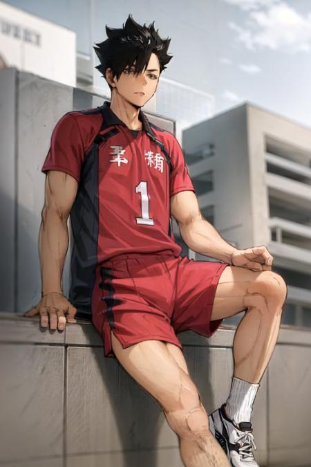 masterpiece, best quality, 1boy, <lora:kuroo:0.8>, solo, black hair, brown eyes, sportswear, red shirt, red shorts, short socks, black sneakers, volleyball, looking at viewer