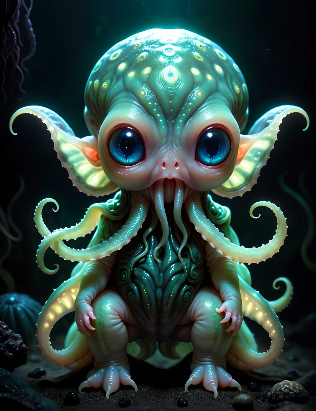 high quality photo of a baby Cthulu, adorable, scary, digital art, dark ambiance, spotted glowing bioluminescence, super c...