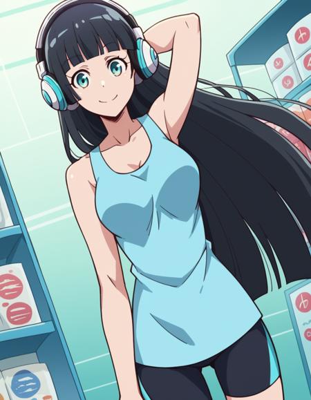 akemi souryuuin, long hair, bangs, black hair, very long hair, blunt bangs, aqua eyes, hime cut, medium breasts, skirt, shirt, bow, school uniform, white shirt, short sleeves, collared shirt, bowtie, red bow, red bowtie, shorts, tank top, bike shorts, collarbone,