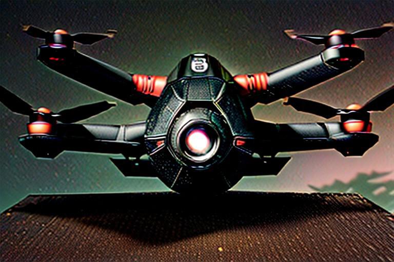 Anthracite matte colored drone, propellers closed around the perimeter, a small camera at the bottom, a flashlight illuminating the front and a gun fired under the camera, different design, 8k, drone with a futuristic, scary and mysterious design, background inside the house, drone flying in the dark, night ambience, has gun, has barrel,