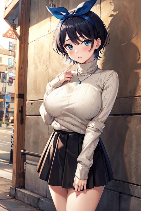 masterpiece, best quality, highres, 1girl, solo, jewelry, skirt, sweater, necklace, black skirt, black hair, short hair, ribbed sweater, socks, turtleneck sweater, turtleneck, white socks, blue eyes,  long sleeves, pleated skirt, ribbon, breasts, bow, hair ribbon, hairband, hair bow, bangs, large breasts, sarashina ruka, <lora:sarashina_ruka_v10:0.7>