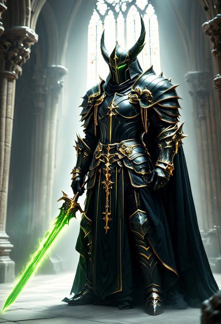 A dark and imposing figure stands in a majestic and dimly lit cathedral. The figure is clad in elaborate black Gothic armor adorned with gold-plated crosses and chains, holding a large sword in his hand (A green and black double-bladed sword with an ominous aura), giving off a religious yet sinister impression. His helmet is tall, almost bishop-like, with a faceless visor that does not reflect light, adding to the air of mystery. The figure holds a menacing staff, with a design of a spiked circular cross on top, which looks both ceremonial and like a weapon. The details of his armor include ornate carvings and mechanical components, blending medieval design with a futuristic, almost steampunk aesthetic. The atmosphere is solemn, with the dim, ethereal light from the cathedral's tall windows casting a cold glow on the dark figures, emphasizing the contrast between the shadows and the metallic details. <lora:Magic_of_Art_(FLUX).safetensors:1.0>, <lora:BeautyInEvilFlux.safetensors:0.75>,