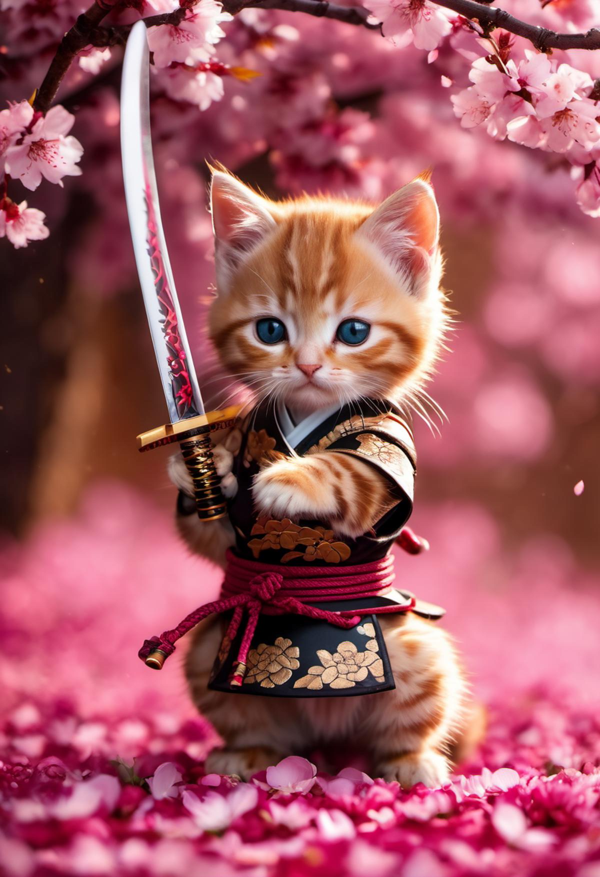 A cute kitten wearing a tiny samurai outfit and holding a sword.