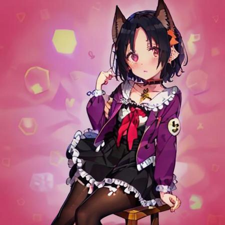 High quality! , chii, suimori, chii suimori, murenase, 1 girl, dark black hair, short hair, clear forehead, no strands, small breasts, short stature, only animal ears, hairy ears, skin-colored vampire bat ears, purple eyes, purple serafuku, long pantyhose, purple jacket, closed jacket, white shirt, yellow tie, white skirt, choker with a cross, sitting on a stool, shy, full body, (masterpiece: 1.2), best quality, high resolution, (artwork: 0.8), (beautiful detailed eyes: 1.6), perfect lighting, extremely detailed CGI (perfect hands, perfect anatomy) (prefect legs)