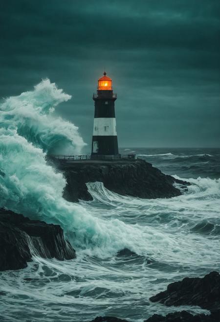 DARK OCEAN, LIGHTHOUSE, HUGE WAVES, TEAL ORANGE FILTER, DARK  AMBIENT, LANDSCAPE.