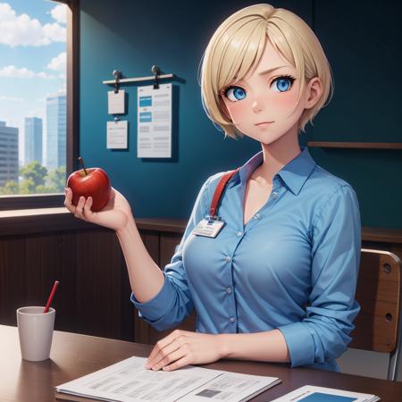 woman, blue blouse, buttons, id card badge, short blonde hair, blue eyes, sitting, holding red apple, wooden desk, hand on papers, cup with red pen on desk, chair, from front, blush, blue wall, wooden panels, window, cityscape, tree <lora:woman_with_apple_01:0.7>