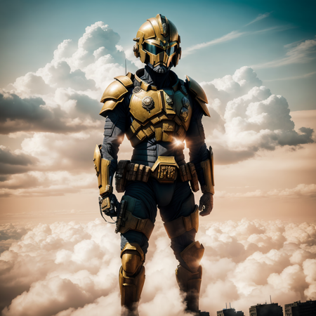 photo, CloudTowers style, a very tall building in the middle of some clouds, Judge Dredd, wearing Judges Armor and helmet fighting crime in Mega City One, Chin sticks out under the helmet <lora:djzJohnsonDesuV15-Zenkai-256:1>