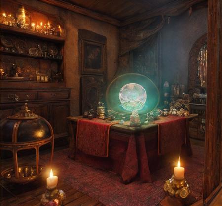 (masterpiece:1.2), (best quality,:1.2), 8k, HDR, ultra detailed, ((photorealistic)), perfect anatomy, professional light, cinematic lighting, fashion photography, ambient lighting,<lora:detail_slider_v4:3>, a fortune teller shop, table, crystal ball, skull, candle, FantInt, ((perfect hands)), <lora:FantasyInteriors-10:0.8>, epiCPhoto