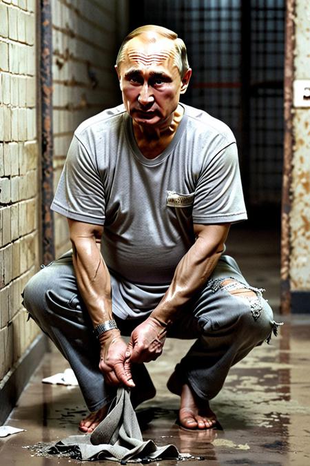 A photorealistic picture of an (((old Vladimir Putin))) in a dirty prison. He is (((down on his knees))) and scrubbing the dirty floor with a dirty rag. His face expresses absolute despair, (((crying))). He is wearing (((dirty ripped grey trousers and durty, ripped gray t-shirt, barefoot))).  <lora:putintheking:1.7>