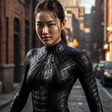 score_9, score_8_up, score_7_up, best quality, realistic, masterpiece, beautiful detail, hyperrealistic, night, ((1girl, woman body, large breast)), amazing detailed full body of a cute korean girl, wearing a realistic and highly detailed black raimi spider-man suit, ((defined muscular girl)), professional model wears ultra - detailed black raimi spider - man suit, ultra - detailed and grained black raimi spiderman suit, suit covered entire body and hand, black spiderman gloves, wet, (light smile), close up, octane render, highly detailed, volumetric, dramatic lighting, (highest quality:1.1), (HDR:1.3), (top quality, best quality), realistic, high definition, sharp contrast between light and shadow, athletic and fit physique, highly detailed and accurate portrayal, photorealistic rendering, tense and alert atmosphere cinematic scene, cinematic lighting, intricate detail skin and facial texture, lifelike expression, accurate character design, interesting and complex background details,