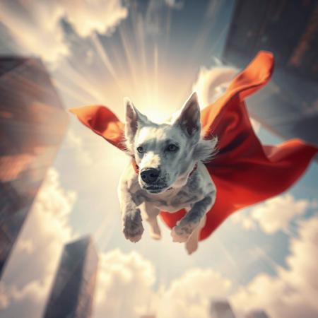 (bokeh_swirl) A hyper-realistic digital painting of Krypto the Superdog, depicted as a majestic white canine flying through the sky. Viewed from a dramatic worm’s-eye angle, his red cape flaps heroically in the wind. His muscular form and pristine white fur gleam in the sunlight as he soars with focused intensity. Towering skyscrapers loom in the background, emphasizing his altitude and scale. The sky is vibrant with streaks of clouds and golden sunlight breaking through, capturing the essence of a true airborne protector.