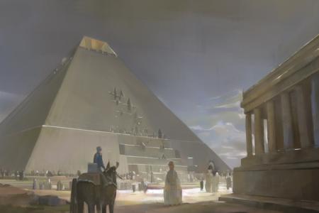 a painting of a pyramid with a group of people standing around it and a man on a horse in the foreground