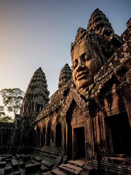 langscape of angkorwat at dawn, monk, ruins, temple, statue, most, tree, root, stone, epic, dim light <lora:ARWangkorwat:1>, <lora:add_detail:0.5>