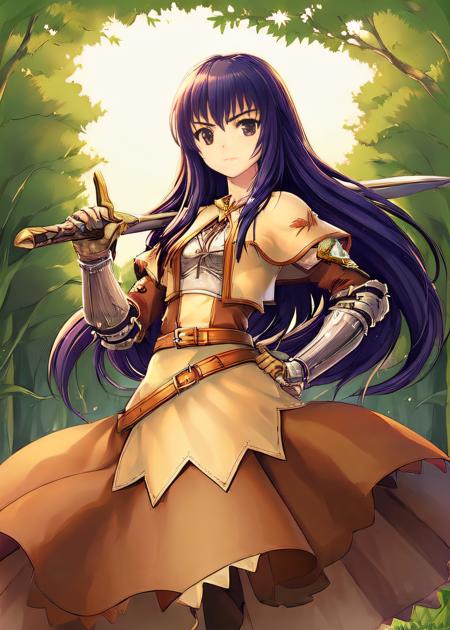 <lora:swordsmanROBetaV1:0.75>,swdro, 1girl, armor, belt, boots, dress,  holding sword, long hair, sword, weapon,
looking at viwer, 
fantasy background,
outdoor, forest, clear sky,  sunrise, (morning, daytime), <lora:Concept_SwordOverShoulder:0.7>, weapon over shoulder, sword, 1girl, standing, armor, hand on hip,