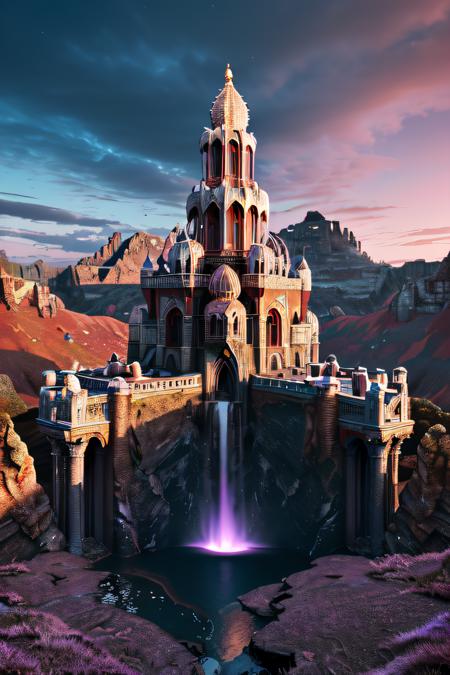 cinematic photo,  <lora:quiron_LegendaryLandscapes_v1_Lora:0.87>, landscapesquiron,  LegLandscapesQuiron, legendary landscapes by quiron,  surreal, particles, chromatic aberration, impressive, stunning,  . 35mm photograph, 4k, 8k, HDR, UHD, best quality, Raw Photo, film, professional, 4k, highly detailed, glowing,  shiny,  scenery, landscape, nature,  fantasy, (kingdom:1.25), (palace:1.25), intricate artwork masterpiece, purple