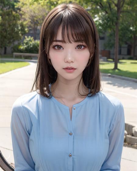 pureerosface_v1, best quality, photorealistic, 8k, high res, full color, 1girl, woman, 20 years old woman, (closed mouth), (skindentation), (portrait:0.6), trees, park bench, daylight, ((park background:1.52)), full color, ((bluebuttonedshirt:1.58)), looking at viewer:1.8, (1girl eyes looking at viewer:1.55), (medium hair, brownhair, partedbangs:1.45), (bokeh), <lora:AAV-mio:0.69>