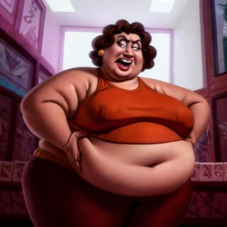 <lora:Large Dealer:0.6>  2d cartoon, anatomically correct, masterpiece, best high quality, ultra details, realistic, RAW Photo, perfect anatomy, 4k, 8k, quality lighting, detailed hands, detailed eyes, obese woman, Large Dealer, orange sleeveless top, dark red pants, brown hair,  light brown skin <lora:BGV5EX:1> <lora:add_detail:1>