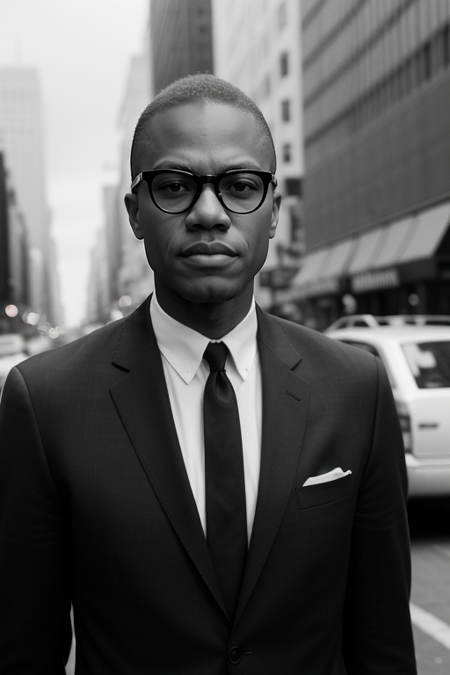 MalcolmX, 40 years old, photography by (Rodney Smith:1.3), ((upper body focus)), 1962, Nation of Islam, crowded civil rights street protest, (buttoned black suit jacket, white shirt, skinny black tie:1.3)), (facing viewer, busy Manhattan sidewalk, looking at viewer, blurry background, bokeh, ID photo:1.3), serious look, eyeglasses, high-grain black and white film, Leica M3, Kodak Tri-X 400, 50mm, f/2, 1/500, high-contrast development, slight motion blur for dynamic effect