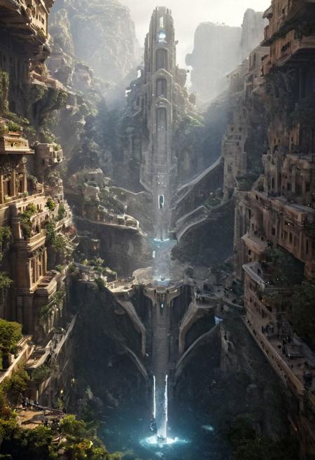 POV view , DOF,
(Ancient civilization, Alien Prometheus movie scene, dune movie scene:1.5), (The colonial city of the future, in the mist-filled Grand Canyon, on an unknown Earth-like planet, 2 moon on sky, Spaceship flight connects colonies, waterfulls:1.3), (Machu Picchu, a mountain settlement, incredibly spectacular:1.2), (Mario Botta:1.3), (avant-garde, future, reality, science fiction, photorealistic), (modern architecture:1.2), White limestone with black granite, fountain, waterfall, landmark, square, path, narrow street,
(Large Files, Ultra Realistic, 8K, 16k, FHD, HD, VFX, Perfect, Photography, composition, Architecture Sales Photography, Architecture Competition, Ultra High Resolution, Cinematography, High Resolution Image:1.1), (dramatic lighting, direct sunlight, ray tracing, clear shadow:1.2),  (real landscape:1.1), (blurred background:1.0), (urban background, more_details) ,
great lighting, clear, hillscastel, <stardeaf-cold-arc>, xtower, industrialbuilding