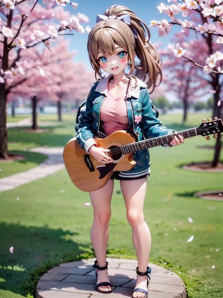 (masterpiece),(best quality),(ultra-detailed), (full body:1.2), 1girl,ponytail,green eyes,chibi,cute, smile, open mouth, flower, outdoors, playing guitar, music, holding guitar,( jacket:1.5), blush, tree, :3, shirt,cherry blossoms, blurry, blush stickers,pink flower, (beautiful detailed face), (beautiful detailed eyes), <lora:blindbox_v1_mix:1>,  <lora:Mu-000008:0.9:RW>